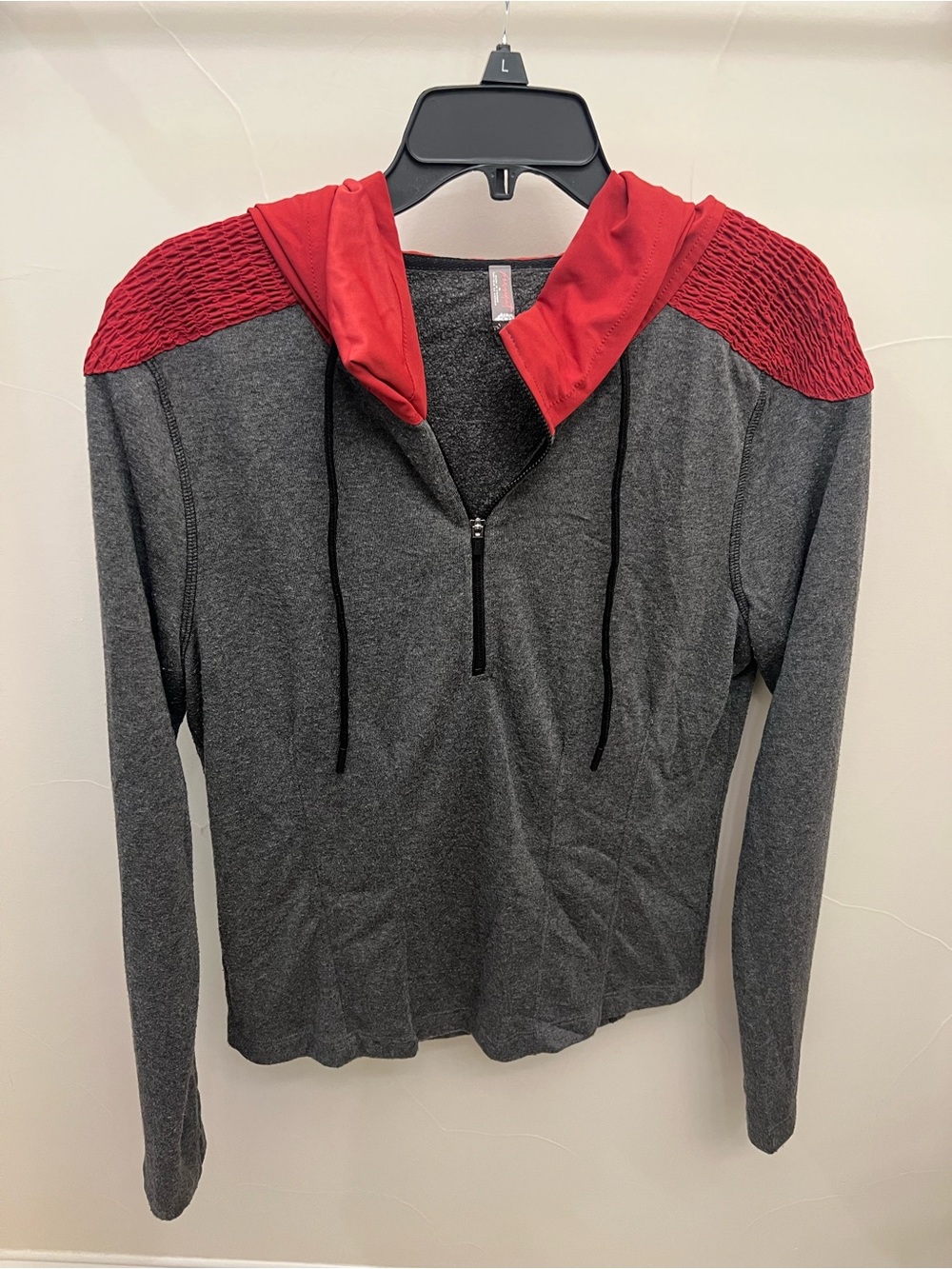 Women’s Grey Half-Zip Hoodie Sweater with Red Hood